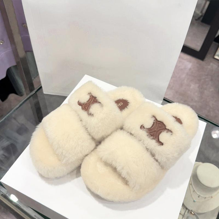 CELINE Triomphe Shearling Fur Slide Slippers Ivory Women’s