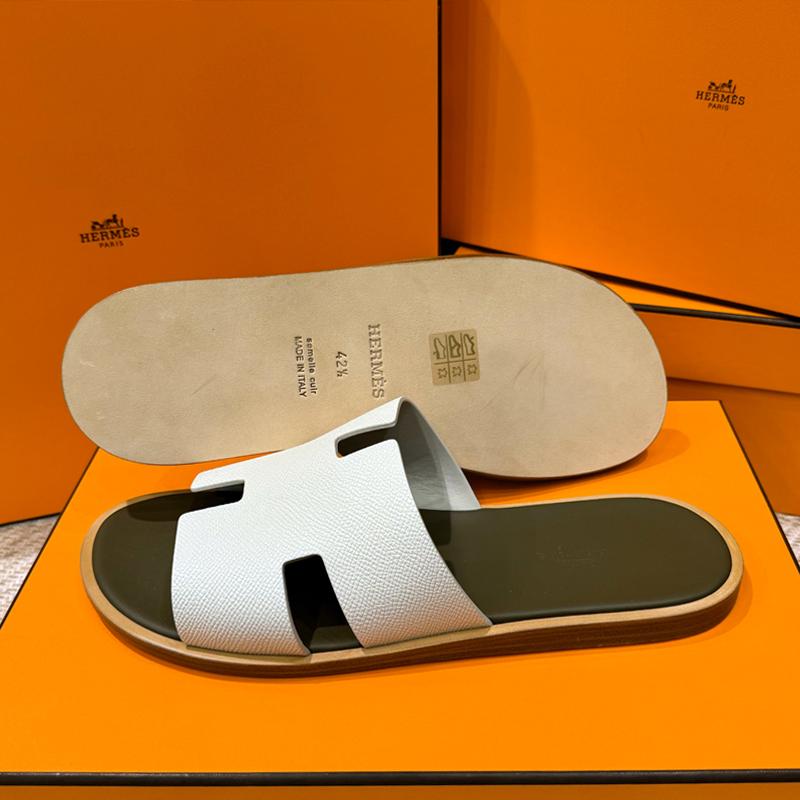 HERMES Izmir Sandals Epsom Calfskin Khaki Beige Men's Slippers