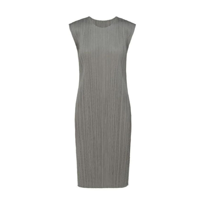 PLEATS PLEASE Gray Black Pleated Basic Short Sleeve Midi Dress JH11312 15