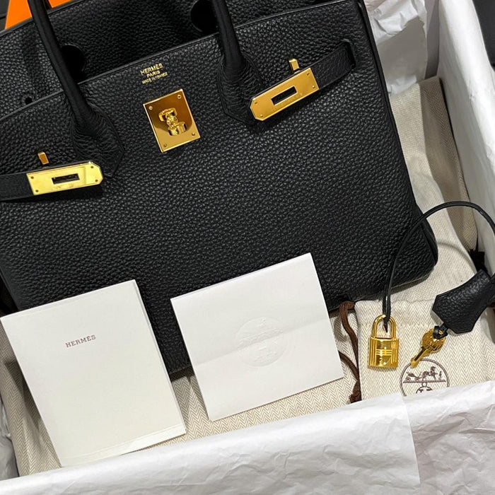 HERMES Black Leather Birkin 30 Tote Bag with Gold Hardware