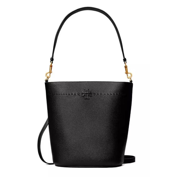 Tory Burch Logo McGraw Black Leather Shoulder Bucket Bag