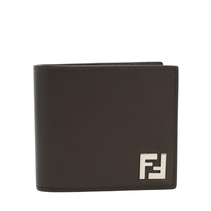 FENDI FF Logo Square Brown Leather Bifold Wallet