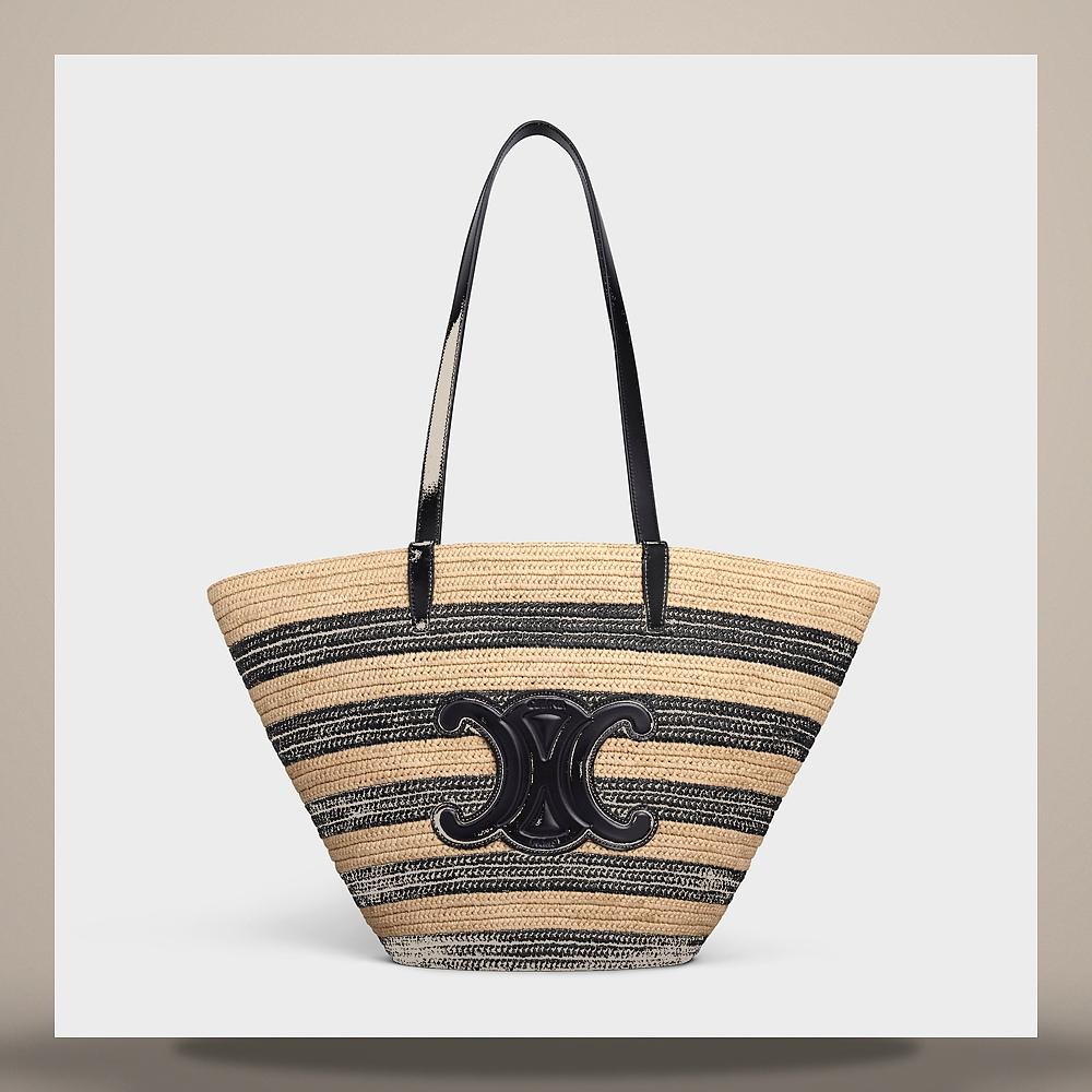 CELINE Stripe Coffin Classic Panier Raffia Calfskin Tote Natural 117082FWD 02NC
