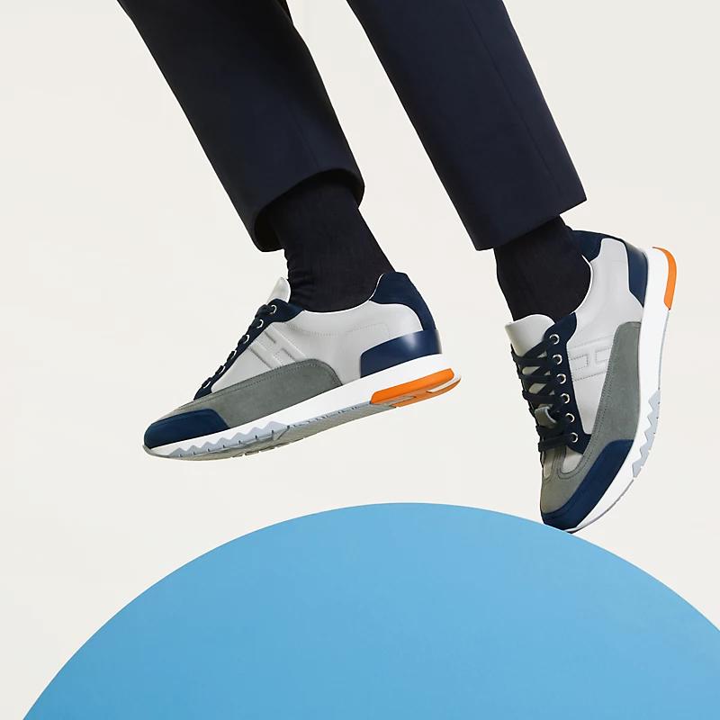 HERMES Navy Gray Calfskin Trail Low-Top Sneakers for Men