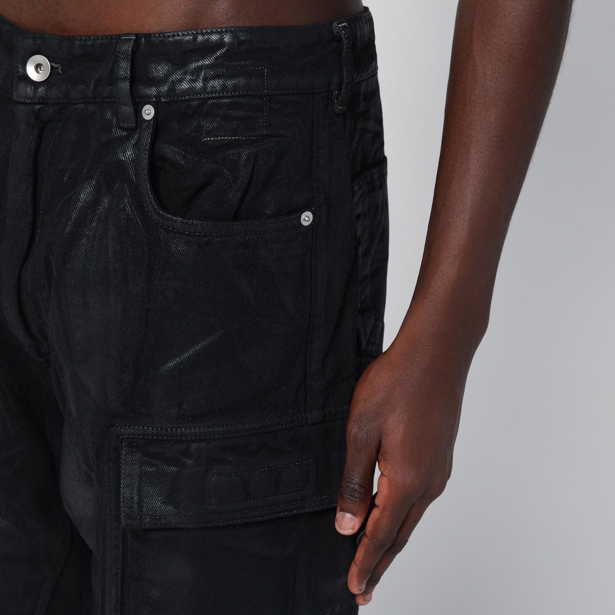 Rick Owens DRKSHDW Black Foil Denim Double Cargo Jeans DU01E3361 DCF 09