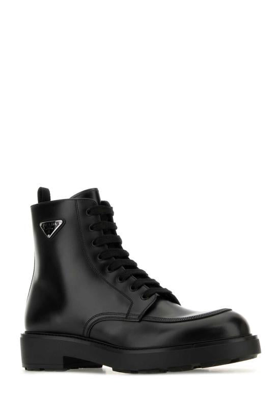 PRADA Black Leather Lace-Up Combat Boots for Men 2TG220F G000055 F0002