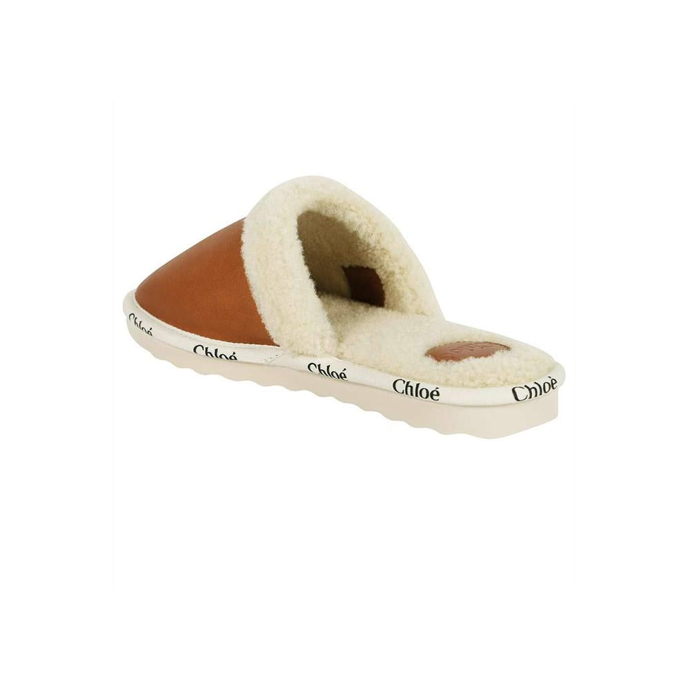 Chloe Woody Logo Trim Faux Fur Backless Loafers Camel Brown