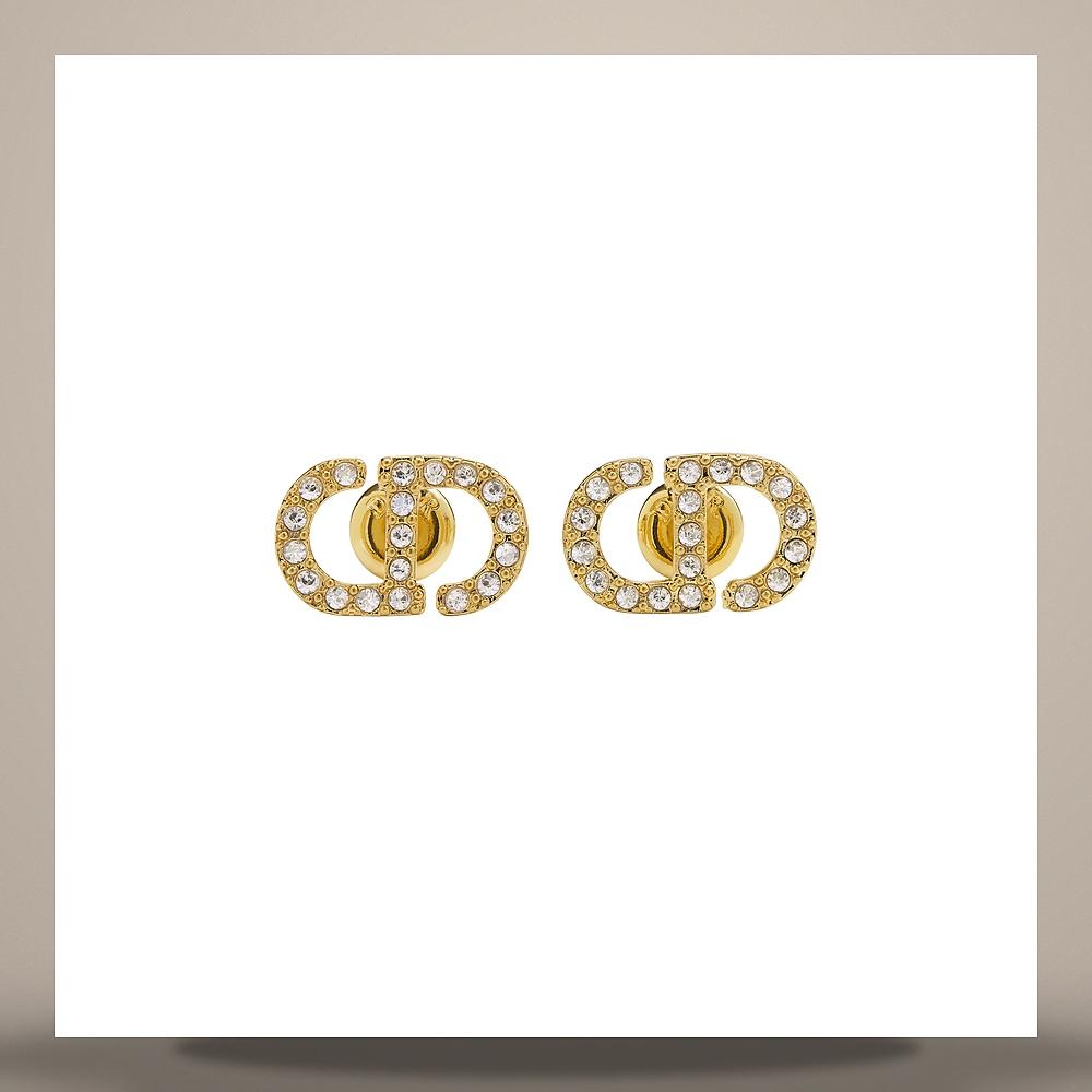 DIOR Petit CD Mini Stud Earrings Gold-Finish Metal Silver-Tone Crystals