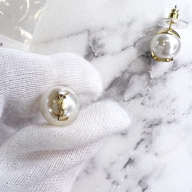 Saint Laurent YSL Logo Pearl Earrings Silver-Tone Jewelry