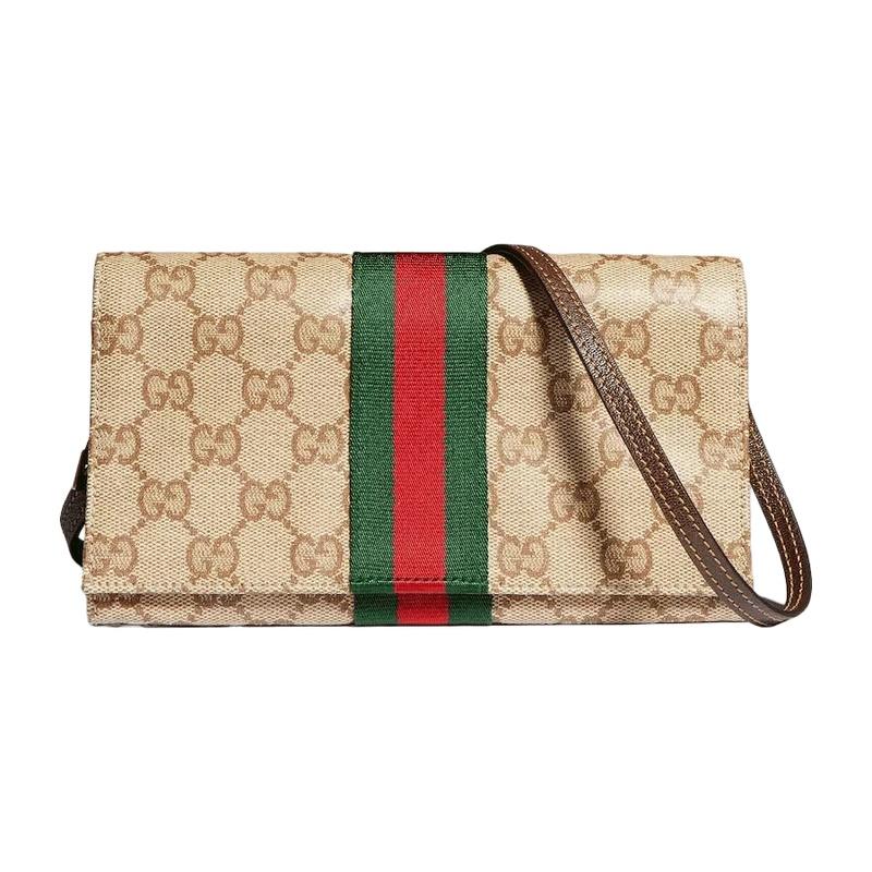 GUCCI Web Small Crossbody Bag Brown Canvas Leather Trim