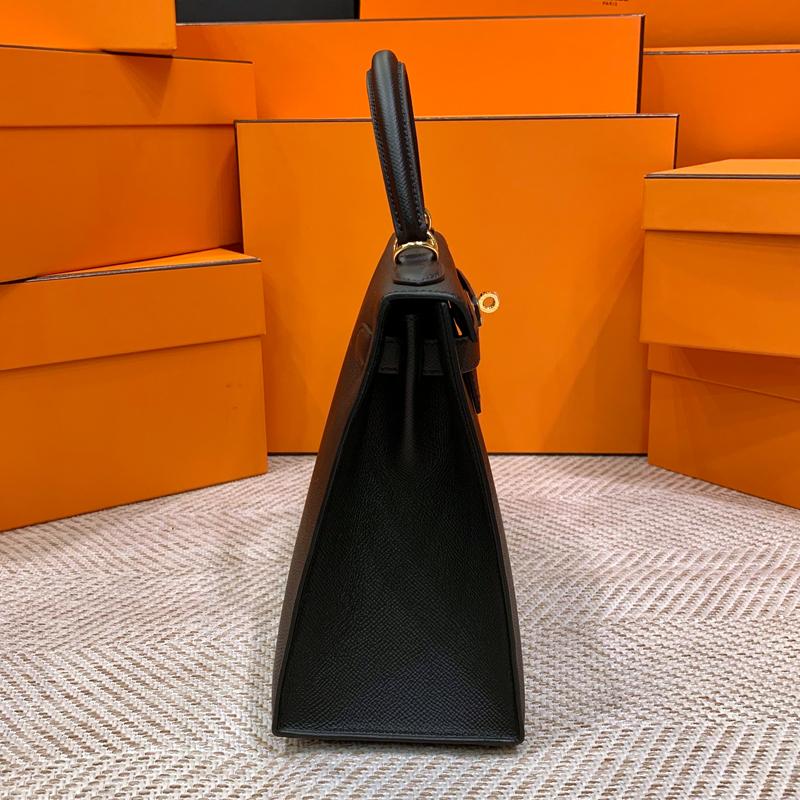 HERMES Kelly 28 Epsom Leather Tote Bag Black Gold Hardware