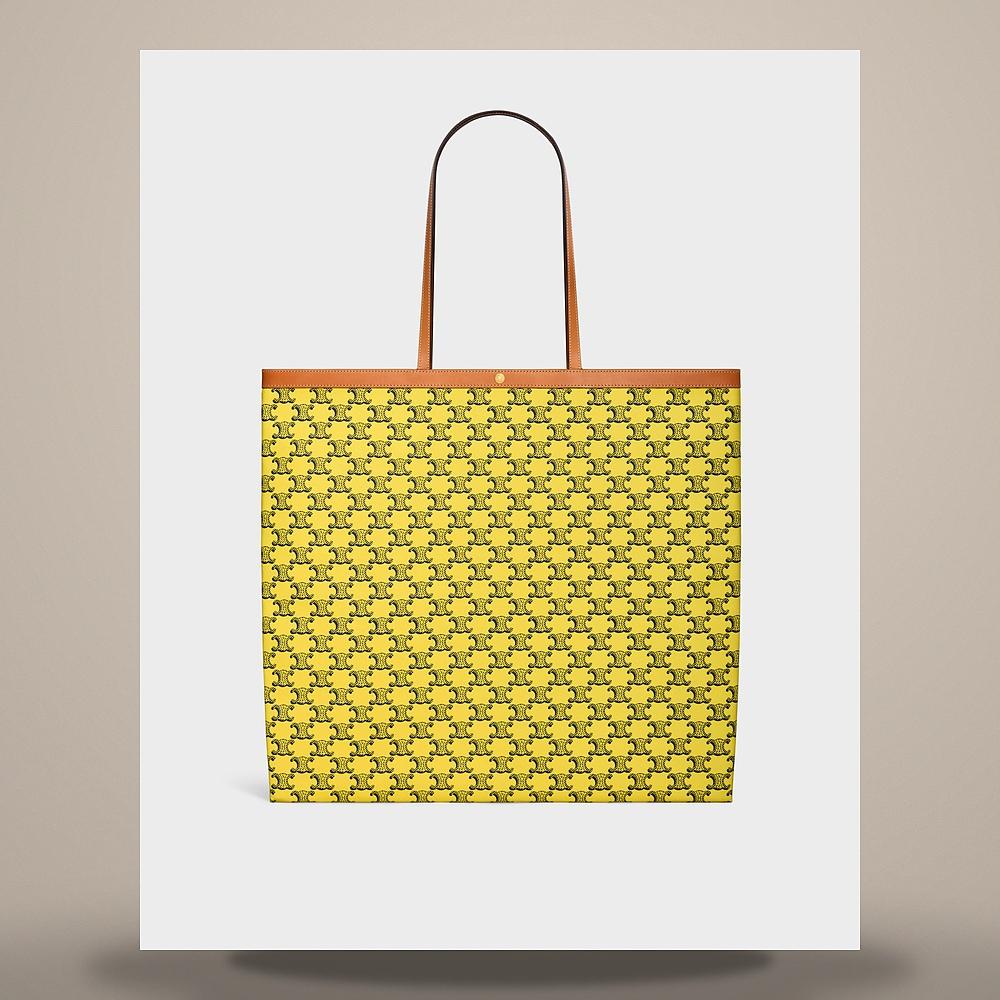 CELINE Large Flat Shopper Triomphe Canvas Yellow Navy Tote Bag 123842O90 11YN