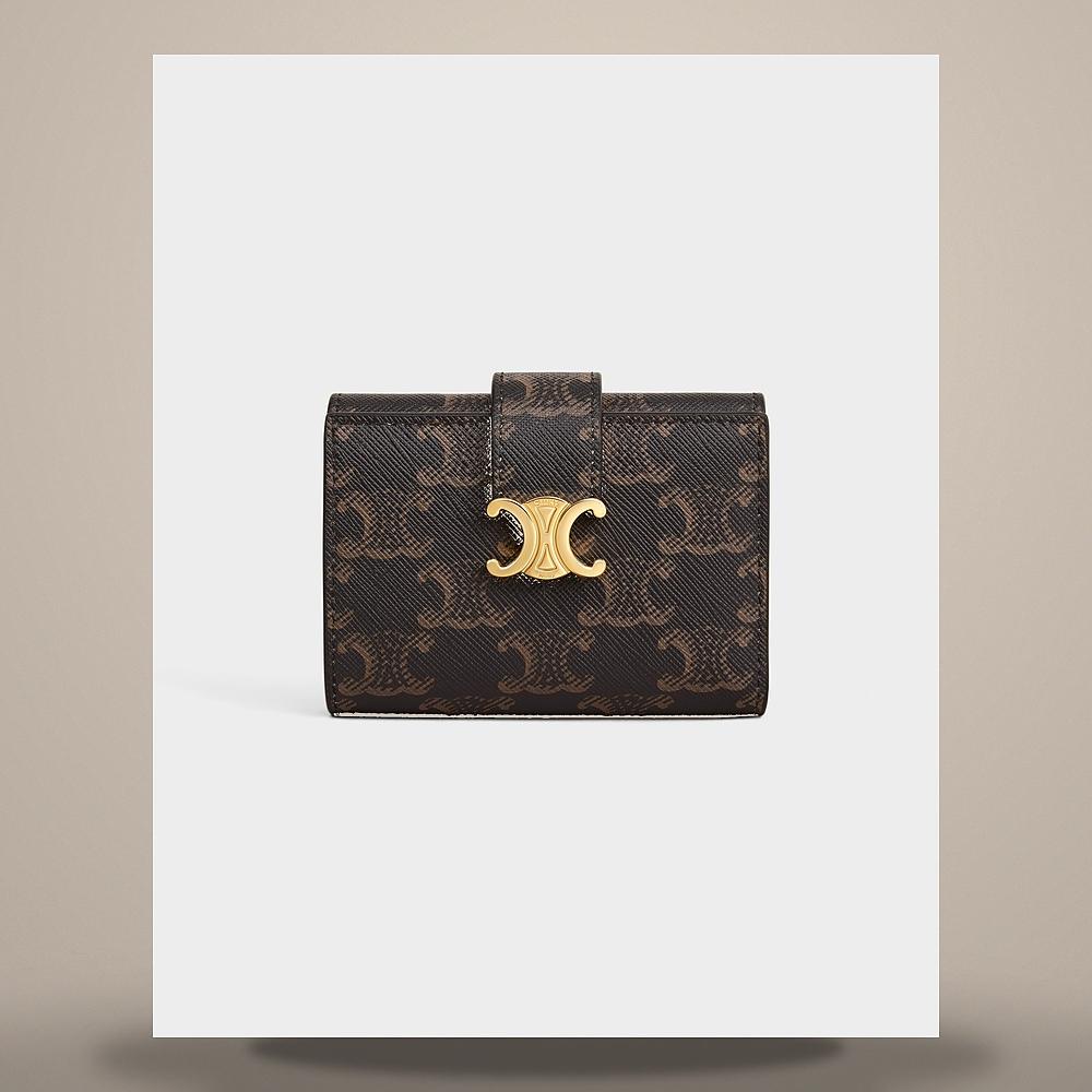 CELINE Triomphe Canvas Tan Compact Coin Card Wallet