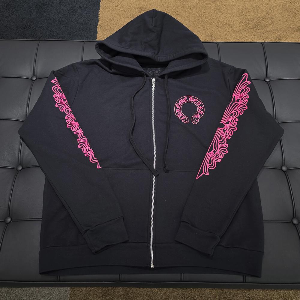 Chrome Hearts Pink Horseshoe Fleece Zip Hoodie Black Unisex