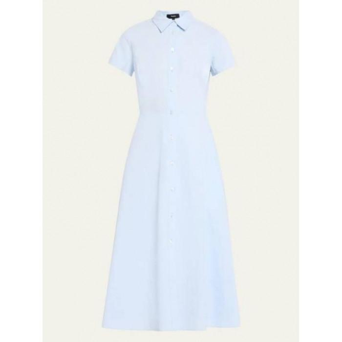 Theory Short Sleeve A-Line Dress Linen Blend Navy Midi Dress O0203605 Y9H