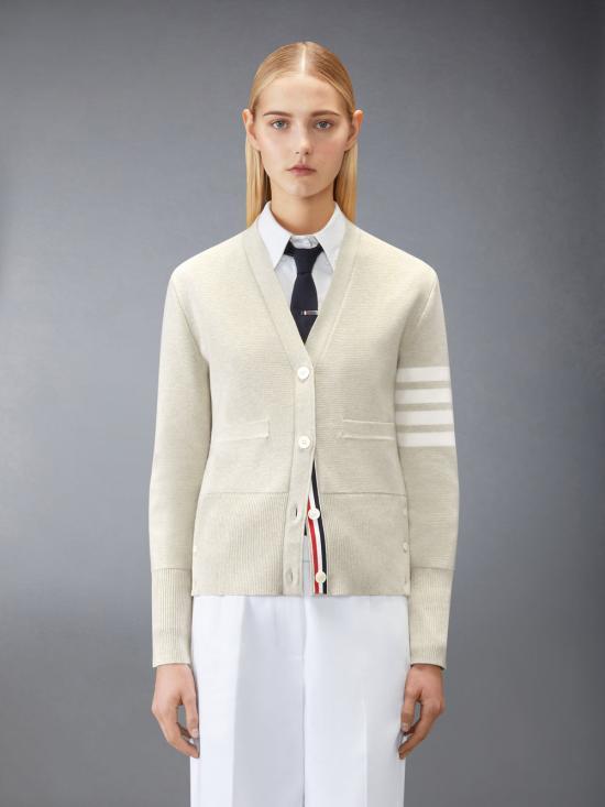 THOM BROWNE Cotton 4-Bar Milano Classic V-Neck Cardigan Beige