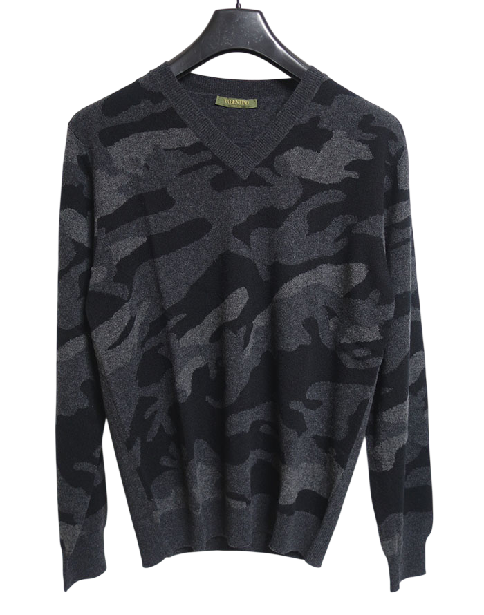 VALENTINO Camouflage Cashmere V-Neck Sweater