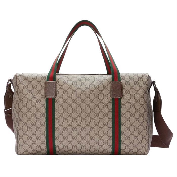 GUCCI Medium Duffel Bag with Web Detail Crossbody Canvas Beige Brown