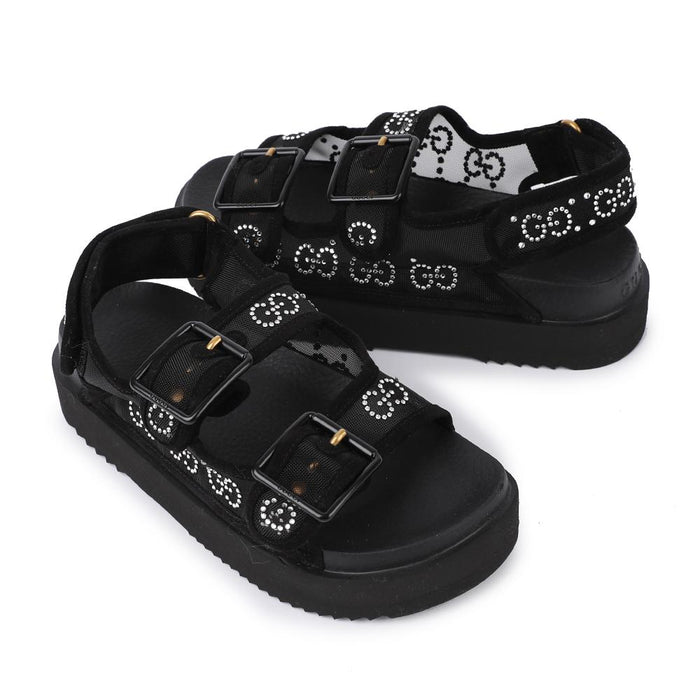 GUCCI Crystal GG Logo Sandals Black Women’s