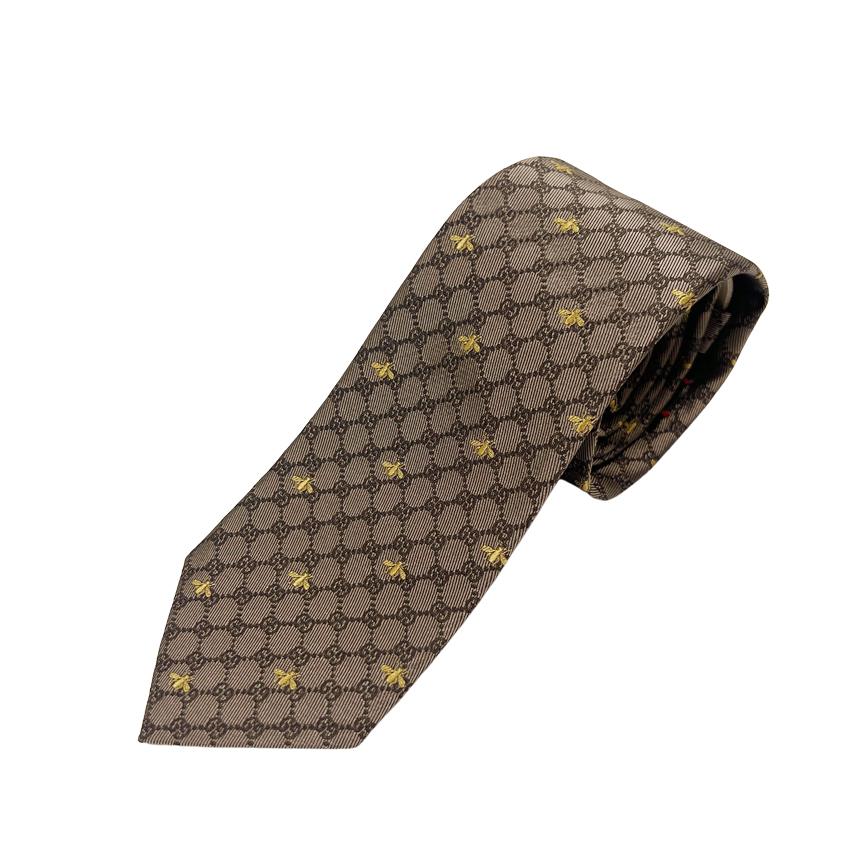 GUCCI GG Bee Pattern Beige Silk Tie
