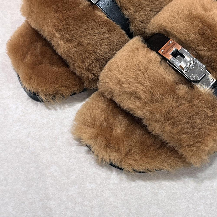 HERMES Shearling Calfskin Julia Sandals Brown Black Silver-Tone