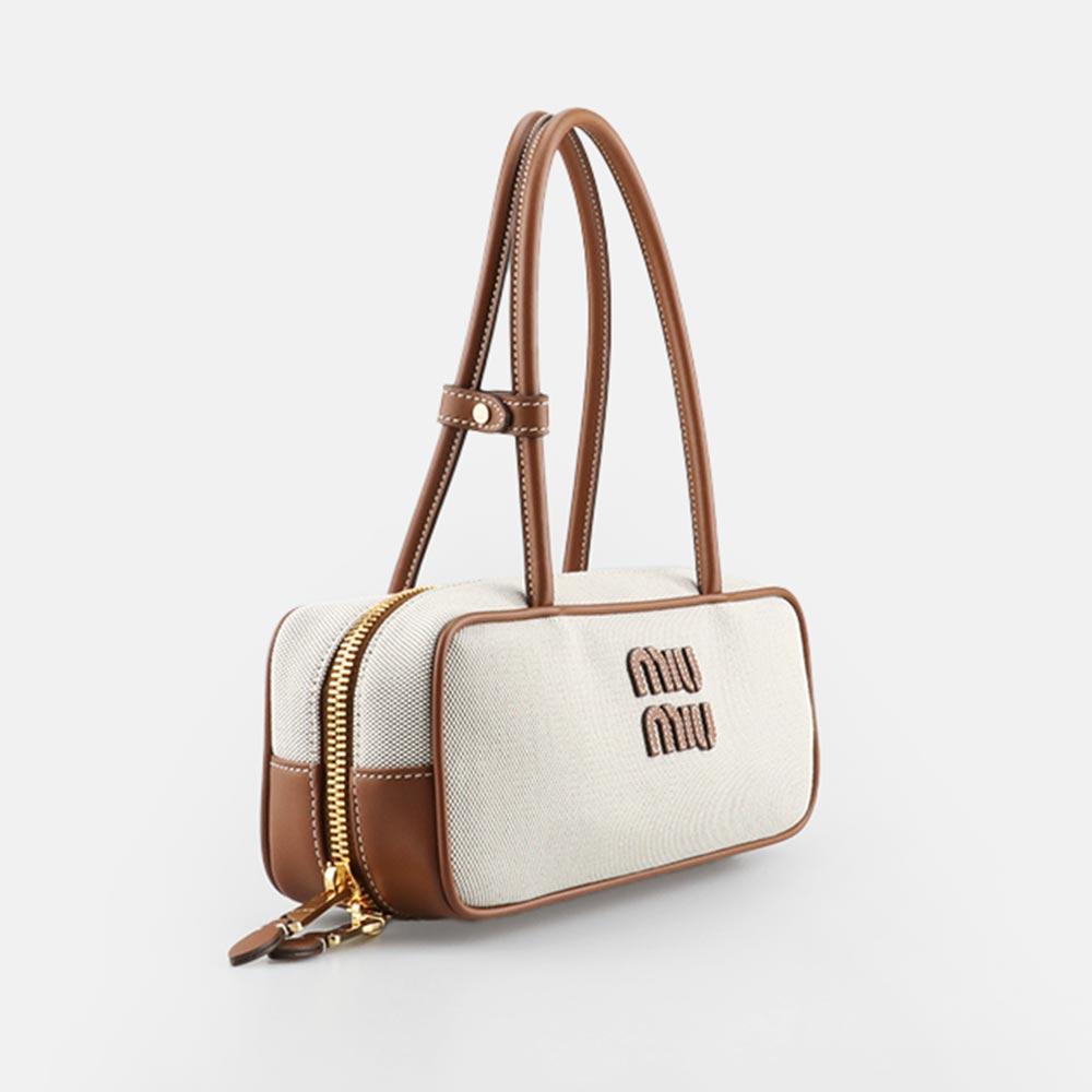 Miu Miu Small Canvas and Leather Shoulder Bag Beige Brandy