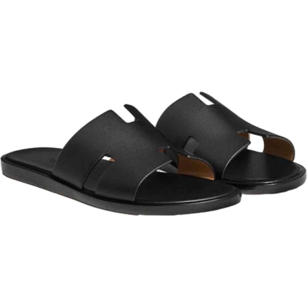 HERMES Izmir Sandals Calfskin Noir Black Slippers for Men