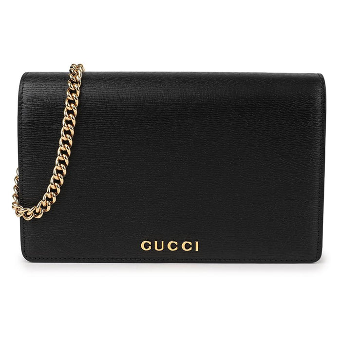 GUCCI Script Chain Long Wallet Black Leather