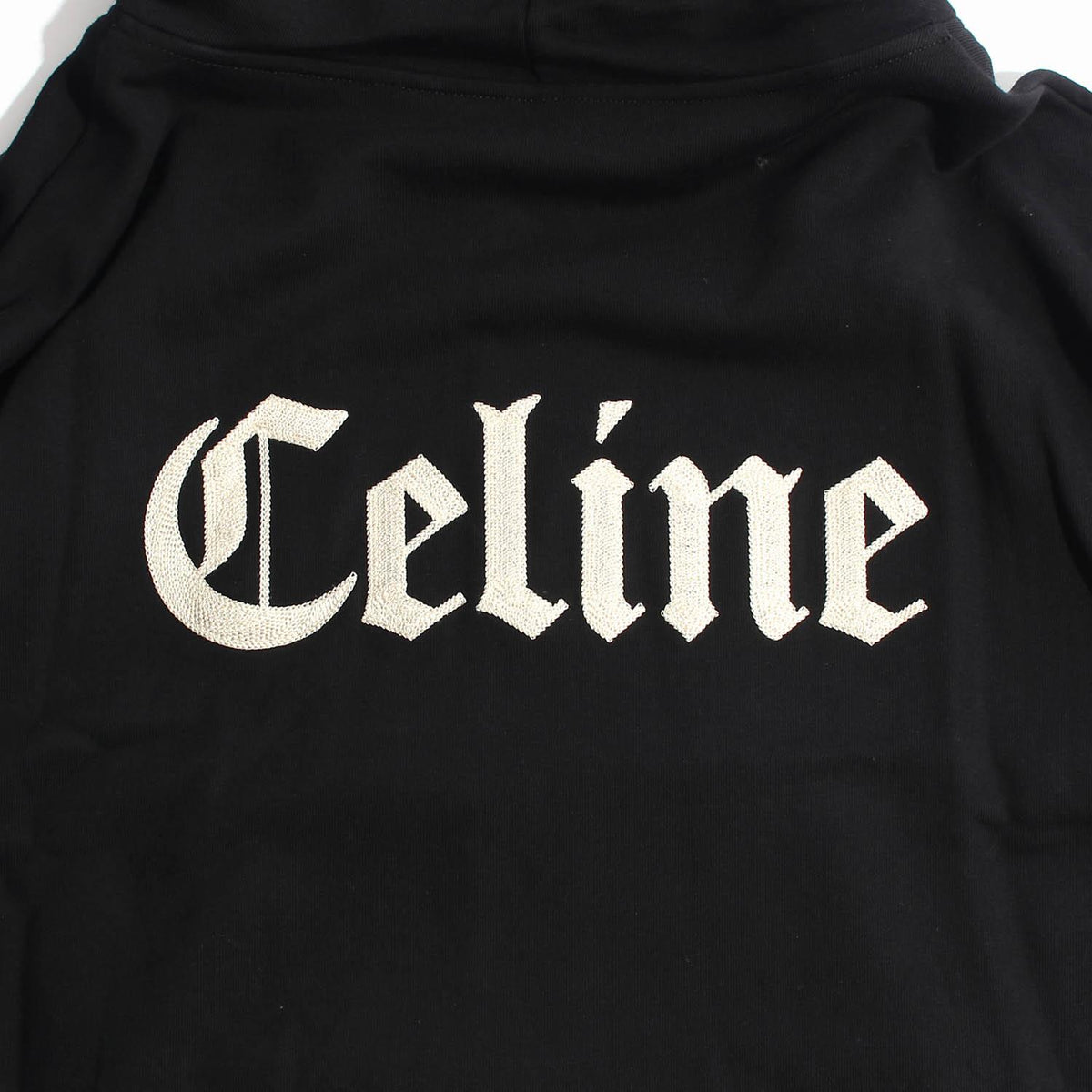 CELINE Black Cotton Fleece Embroidered Back Logo Zip Hoodie