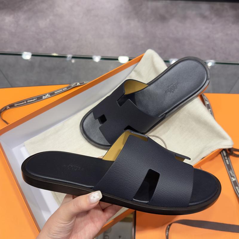 HERMES Izmir Sandals Calfskin Epsom Leather Navy Men's Slippers