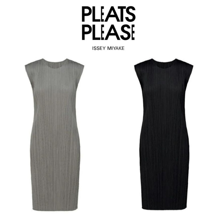 PLEATS PLEASE Gray Black Pleated Basic Short Sleeve Midi Dress JH11312 15