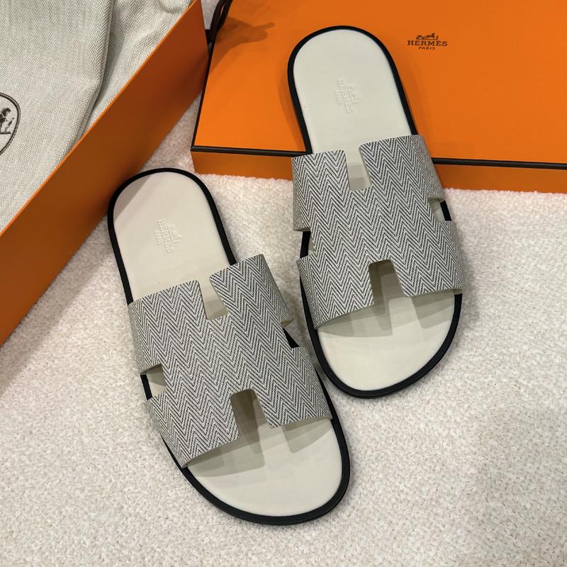 HERMES Izmir Sandals White Herringbone Calfskin Men's Slippers
