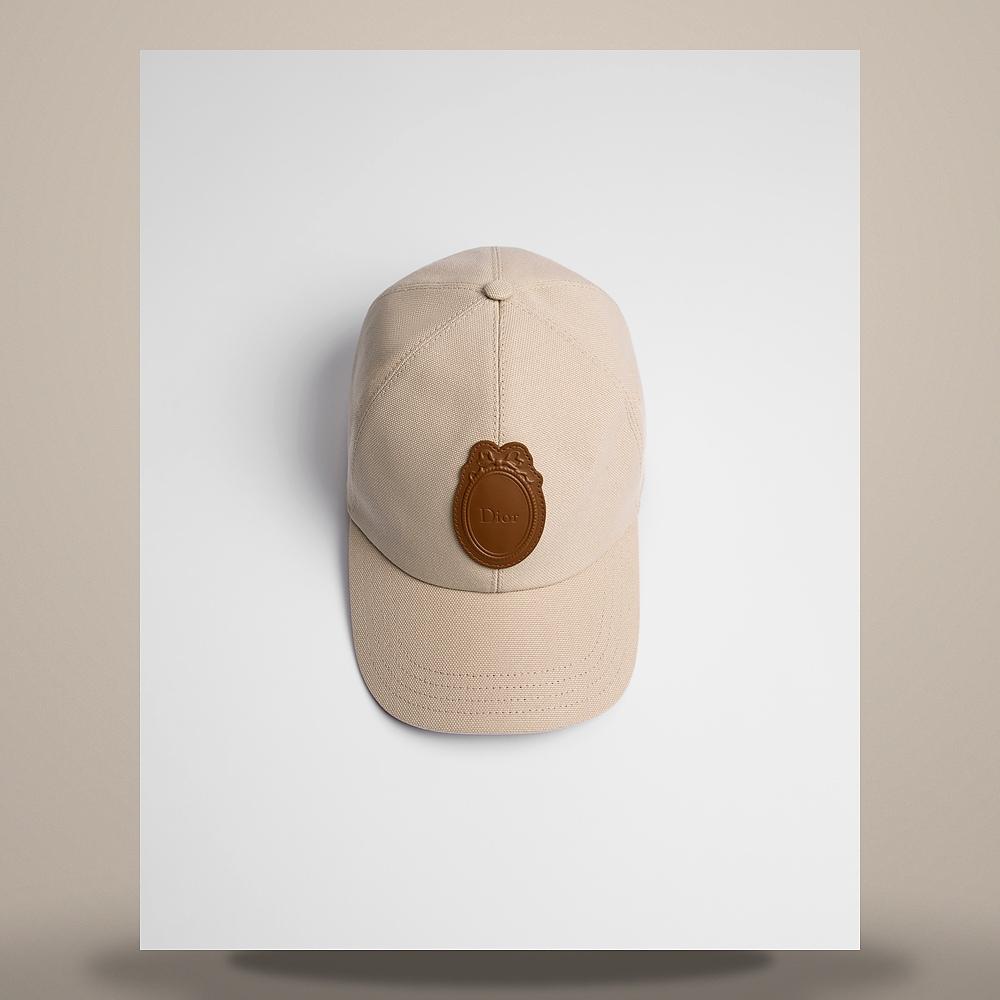 DIOR Beige Cotton Canvas Cap with Brown Calfskin Medallion Deco CPC00200ECLMC101