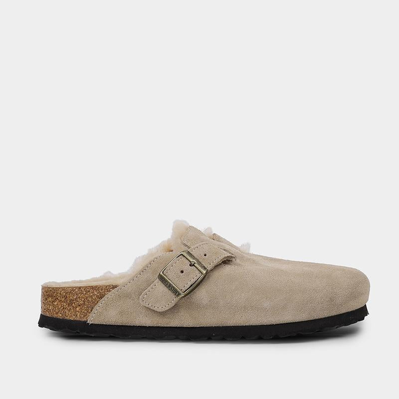 Birkenstock Boston Shearling Suede Mule Sandals Taupe 1028299