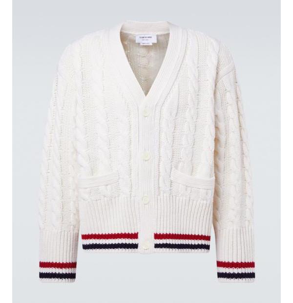 THOM BROWNE RWB Stripe V-Neck Baby Cable Wool Sweater MKC622B Y1005 100