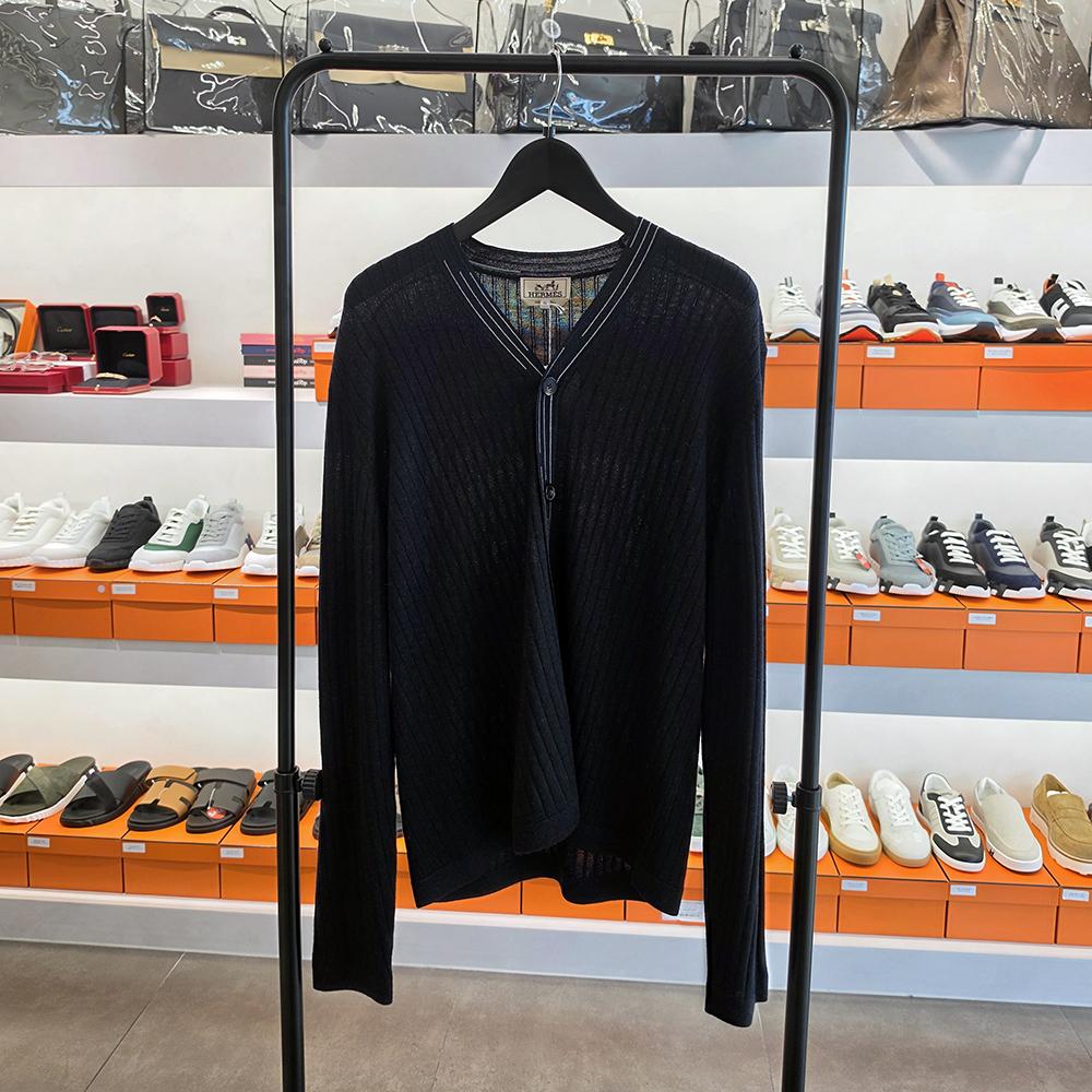 HERMES Marine Navy V-Neck Etrivière Alpaca Cardigan Unisex