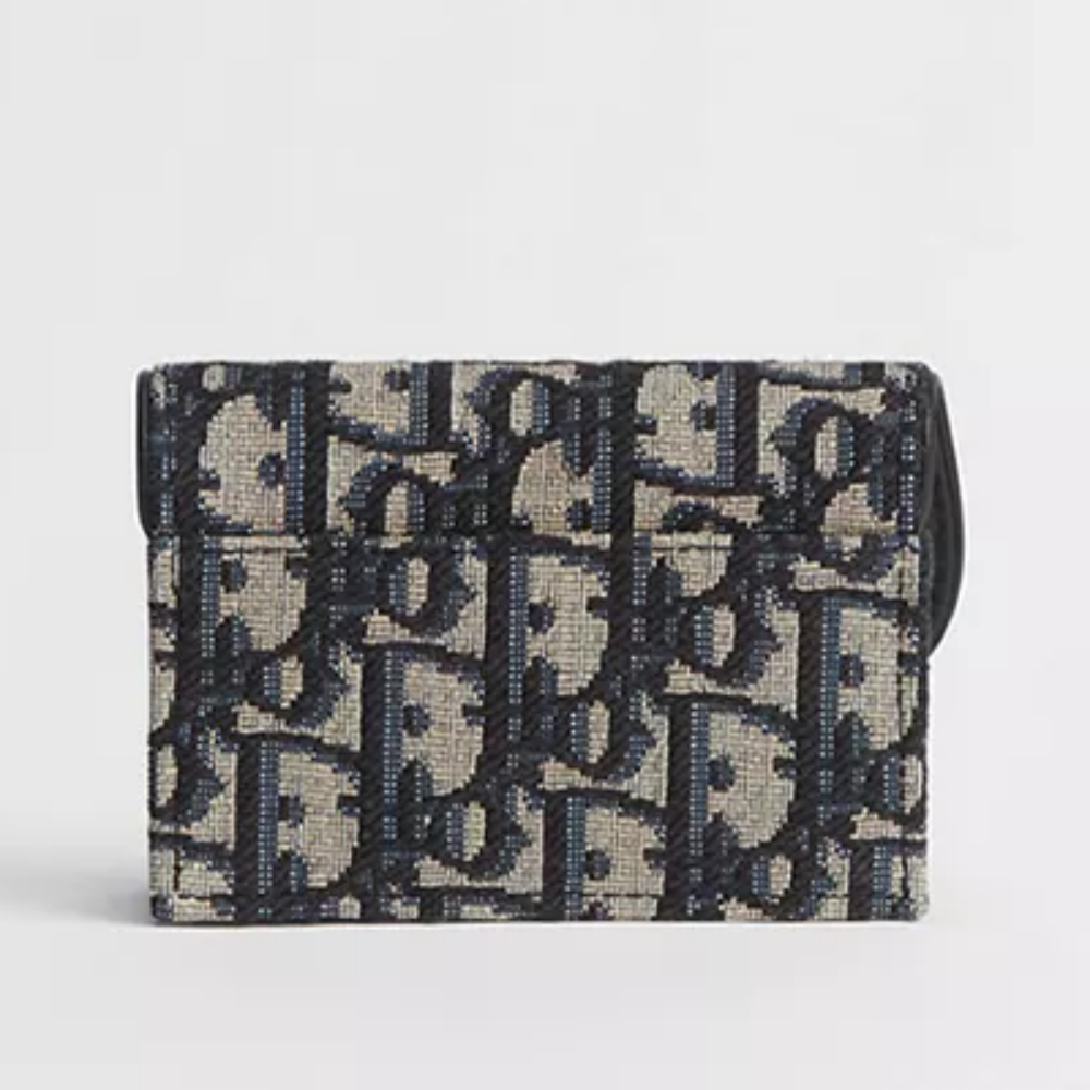 DIOR Oblique Saddle Card Holder Navy Gray Leather Unisex