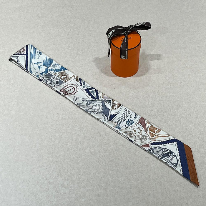 HERMES Silk Petit Le Philateliste du Faubourg Scarf White Navy