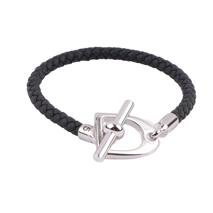 HERMES Etrier Leather Bracelet Noir Unisex Jewelry