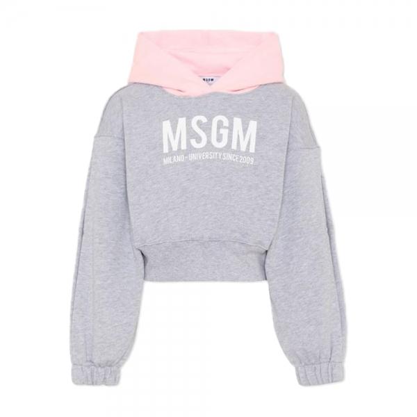 MSGM Kids Women Logo Print Two-Tone Crop Hoodie Gray Fairy Pin S6MSJGHS025 27102
