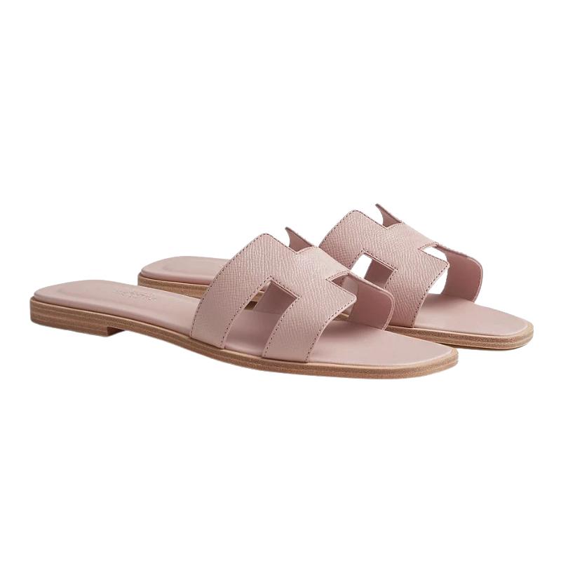 HERMES Oran Sandals Pink Beige Calfskin Women’s Slippers