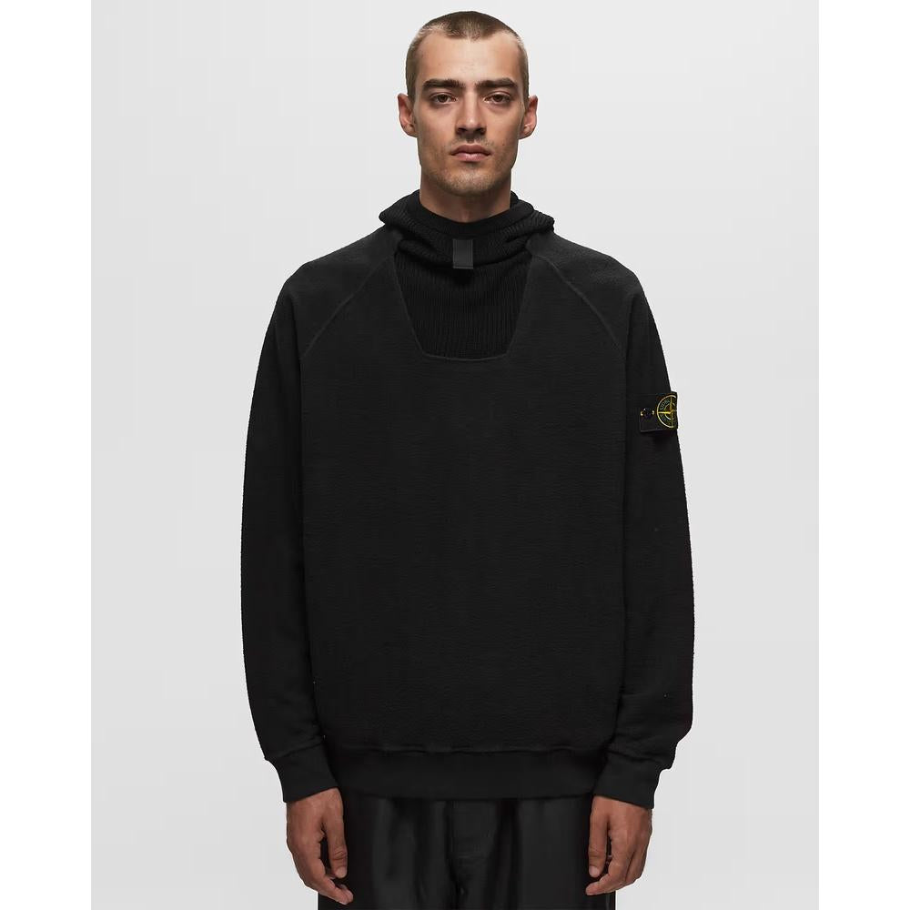 STONE ISLAND Logo Patch Black Cotton Pullover Hoodie for Men