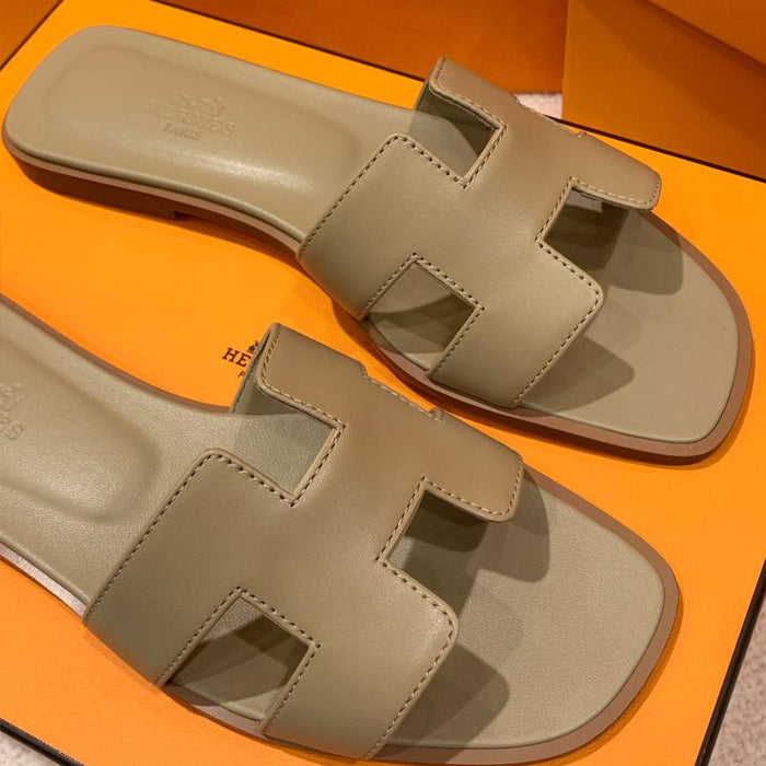 HERMES Oran Sandals Calfskin Khaki Beige Slides