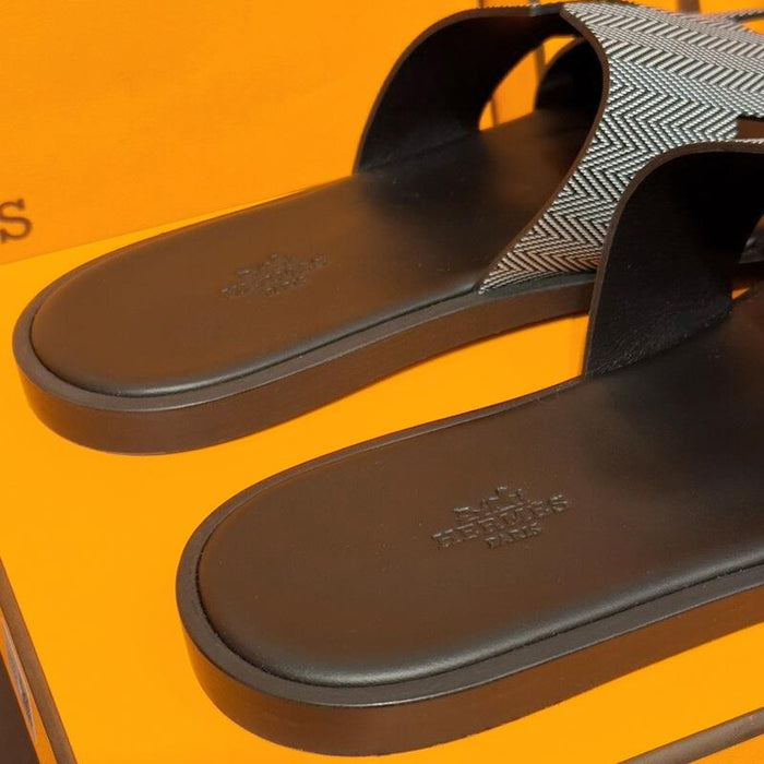 HERMES Izmir Chevron Calfskin Black Sandals for Men
