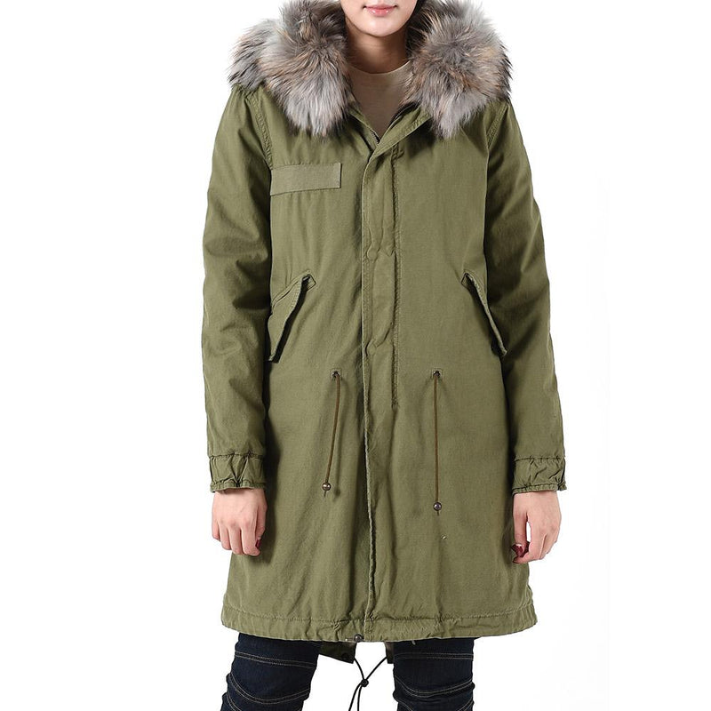 Mr & Mrs Khaki Raccoon Fur Trim Rabbit Fur Parka Jacket