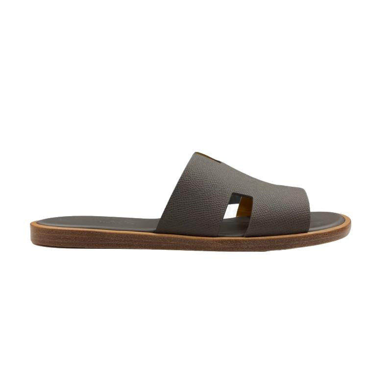 HERMES Izmir Sandals Calfskin Epsom Deep Brown Men's Slippers