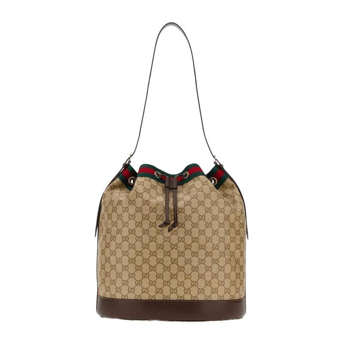 GUCCI Venice Large Bucket Bag Beige Canvas Leather Shoulder Bag