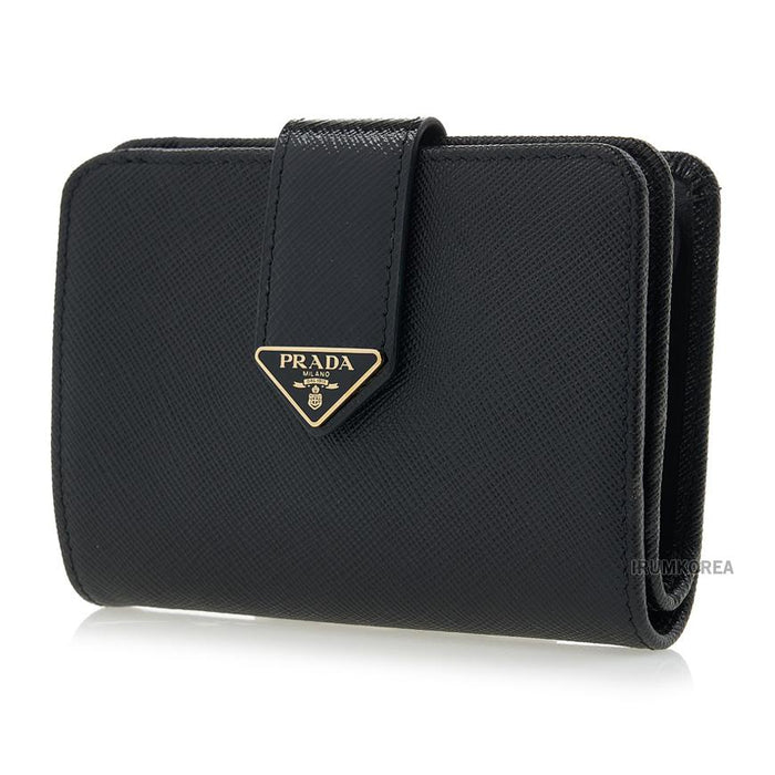 PRADA Women’s Black Leather Bi-Fold Wallet with Triangle Metal Logo