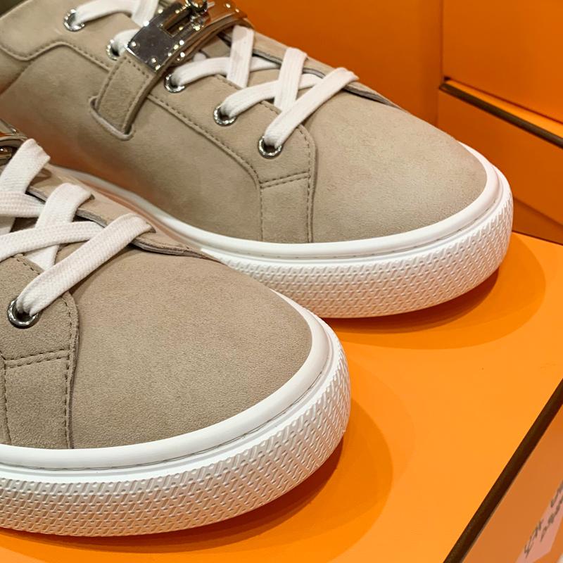 HERMES Brown Calfskin Low-Top Sneakers with Rose Gold Kelly Buckle