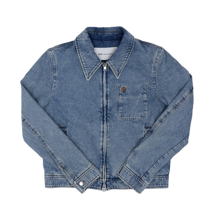 AMI Small Heart Logo Denim Zip Jacket for Men HJK835 DE0046 480